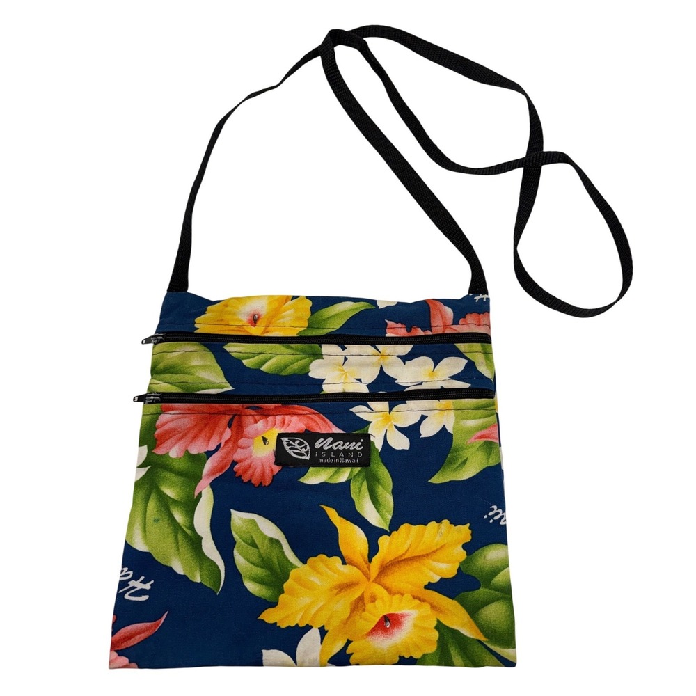 Nani Island Hawaii Tropical Floral Canvas Crossbody Bag Navy Blue Travel Pouch